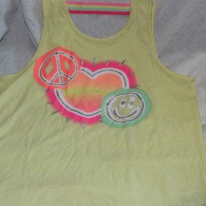 NWOT Tank Top Yellow w/colorful heart, peace and smiley graphic szLg